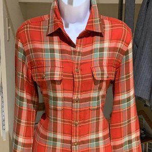 Polo Ralph Lauren Blue Women Classic Fit Plaid Shirt Brown Suede Elbow Patches